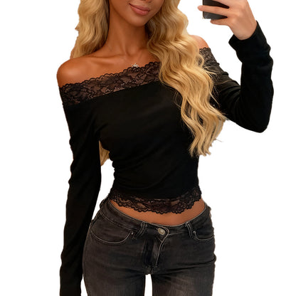 Lace one shoulder pure desire long sleeved versatile top